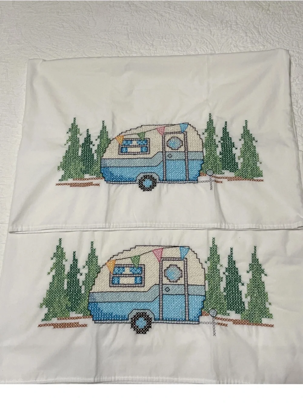Pair Of Pillowcases Handmade Cross Stitch Embroidery Campers & Trees Standard Sz